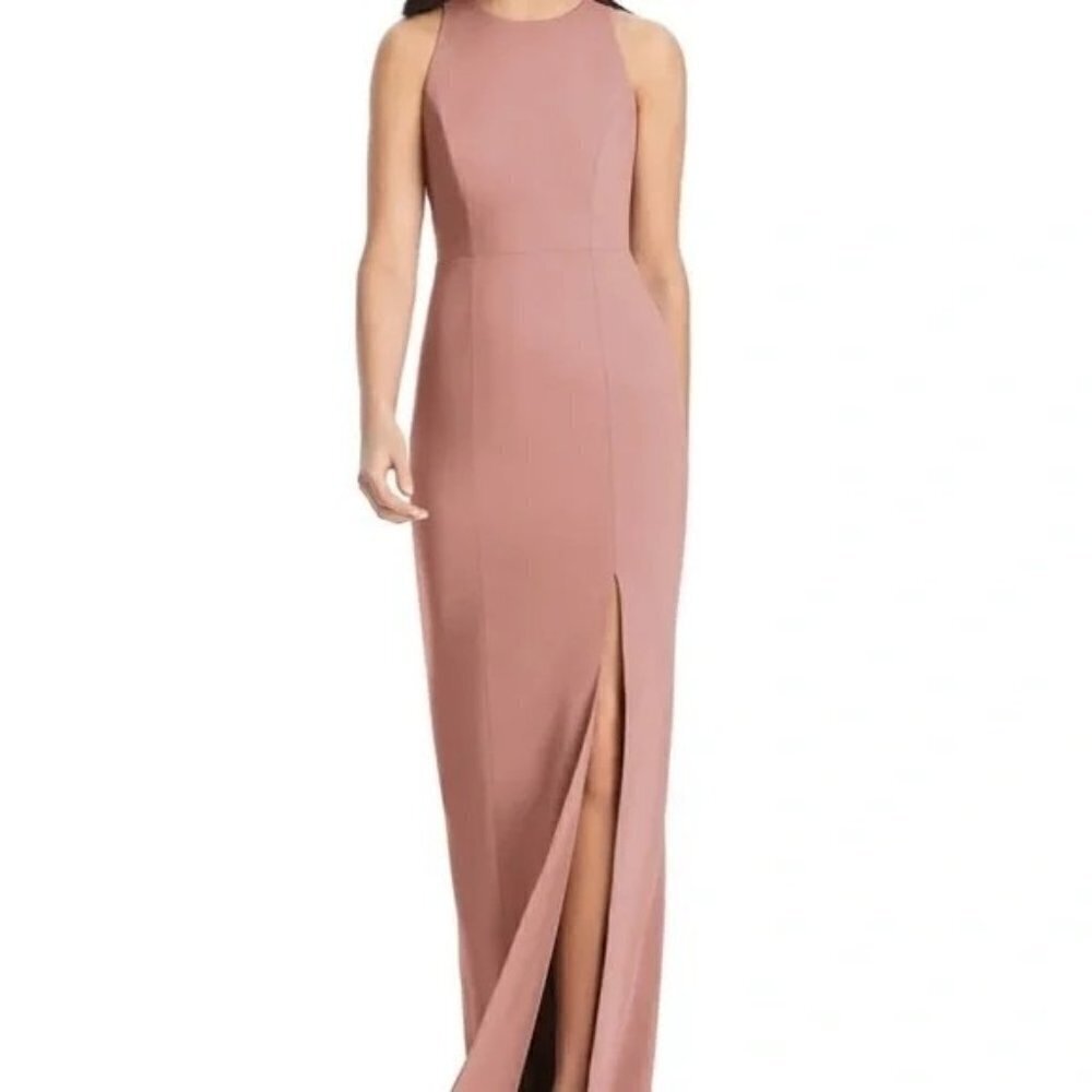 Dessy Collection NWT Vivian Diamond Crepe Dusty Rose Open Back Formal Dress